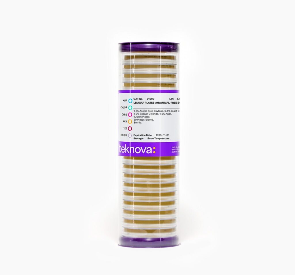 LB Agar Plates with Animal-Free Soytone. 100mm, 20 Plates per Sleeve, Sterile.