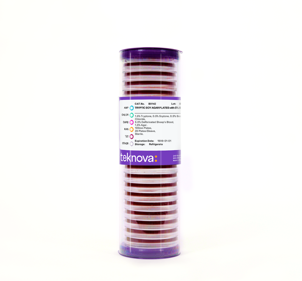 Tryptic Soy Agar Plates with 5% Sheep’s Blood, 100mm, 20 Plates/Sleeve, Sterile.