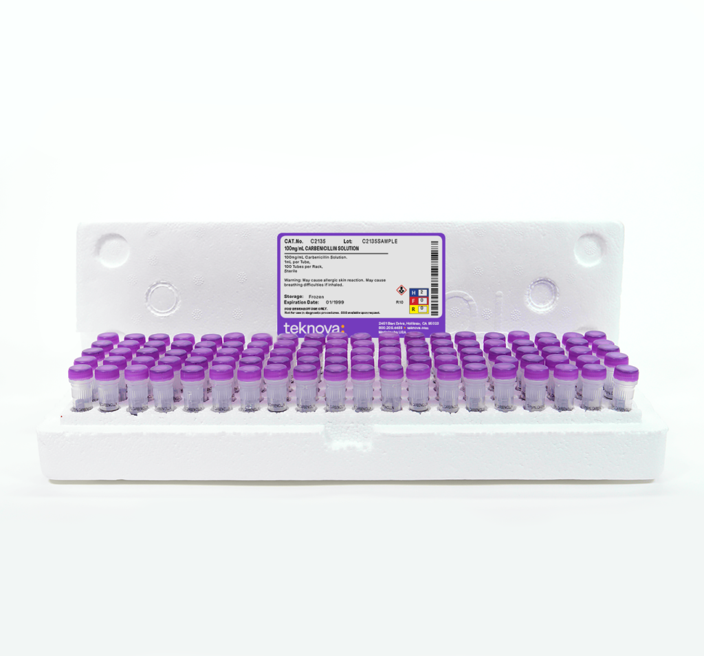 100mg/ml Carbenicillin Solution. 1mL Minitubes, 100 Tubes per Rack, Sterile.