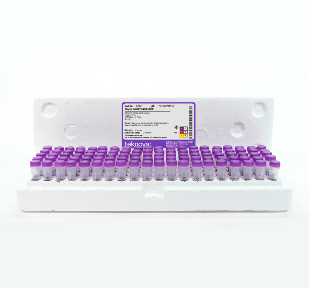 50mg/mL Kanamycin Solution. 1mL Tubes, 100 Tubes per Pack, Sterile.