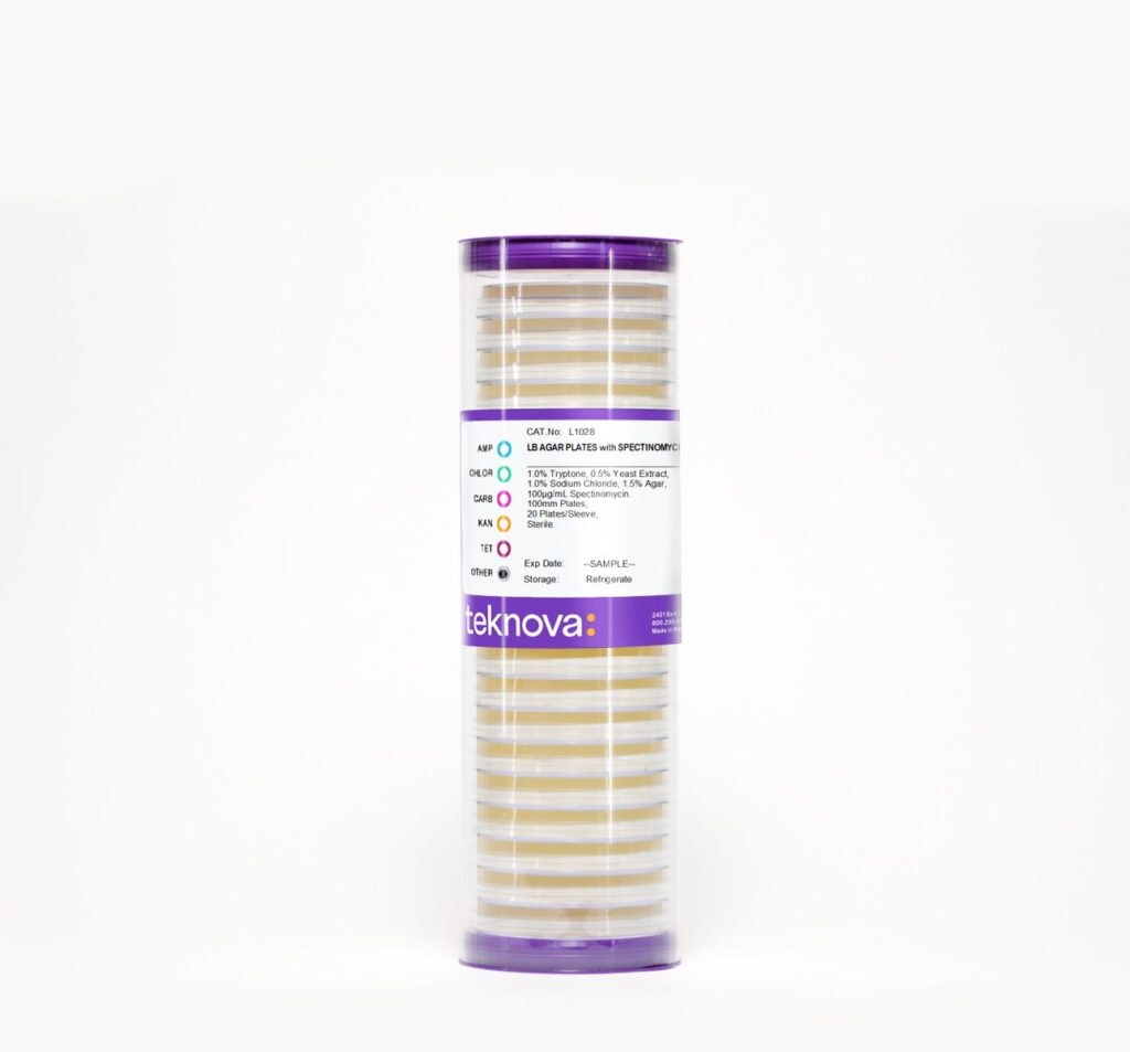 LB Agar Plates with Spectinomycin-100.  100mm, 20 Plates per Sleeve, Sterile.