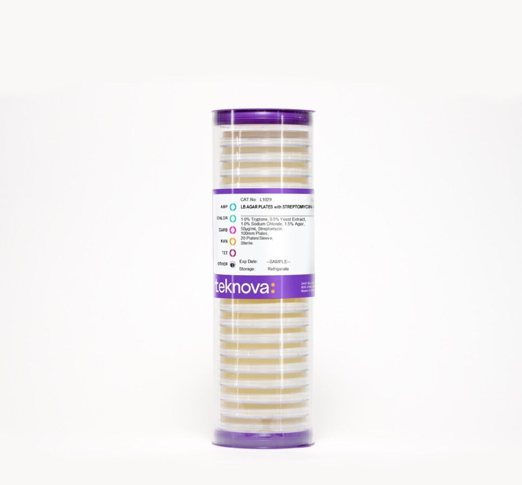 LB Agar Plates with Streptomycin-50. 100mm, 20 Plates per Sleeve, Sterile.