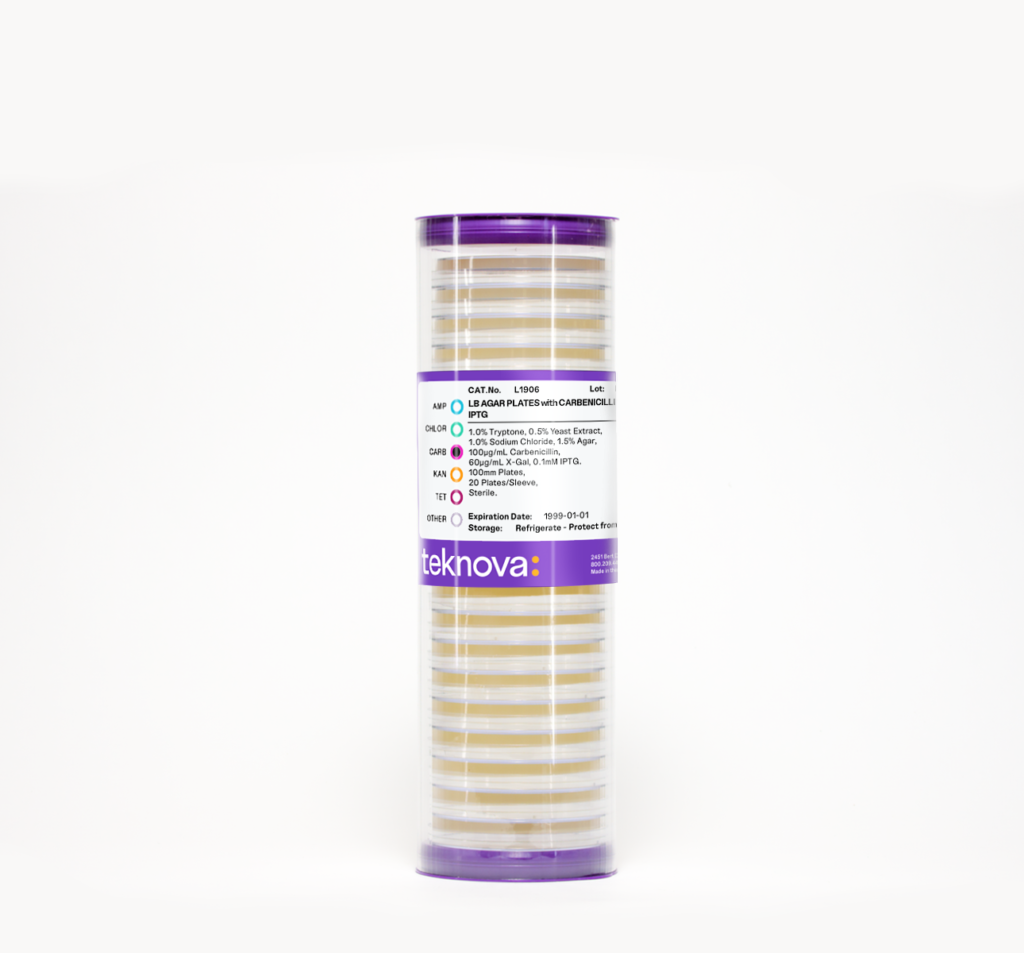 LB Agar Plates with Carb-100 and Spec-50. 100mm, 20 Plates per Sleeve, Sterile.