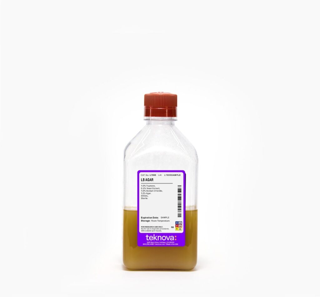 LB Agar in a Bottle. 500mL, Sterile.