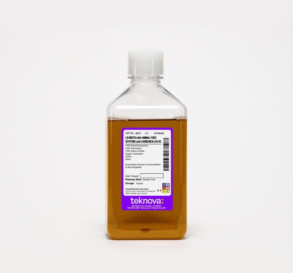 LB Broth with Animal-Free Soytone and Carbenicillin-50. 1000mL, Sterile.