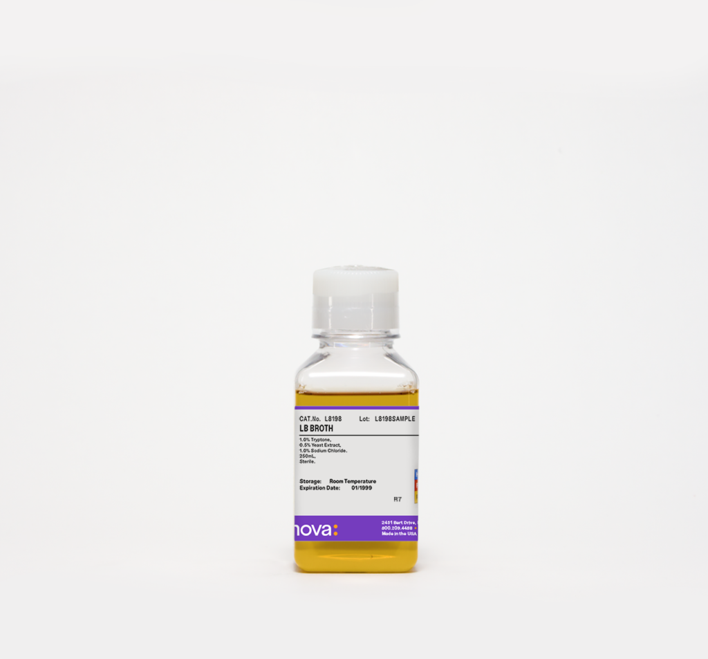 LB Broth. 250mL, Sterile.