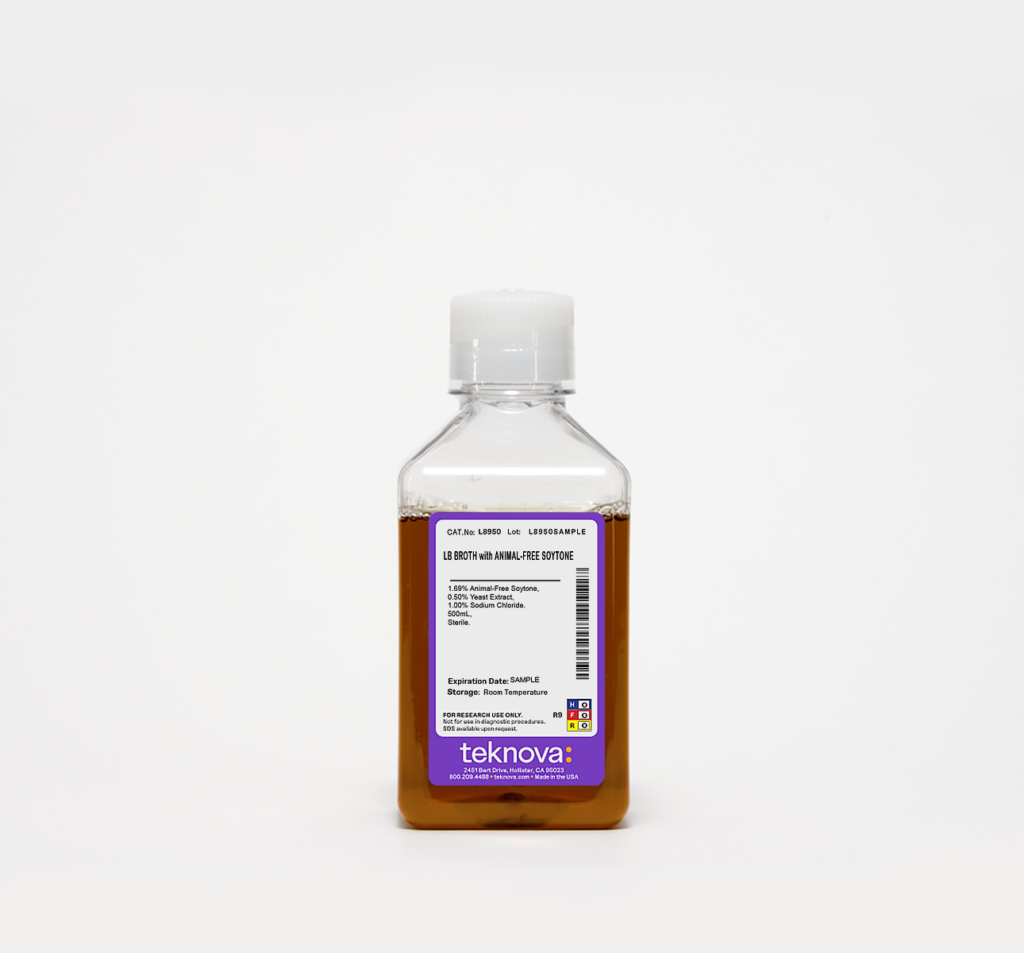 LB Broth with Animal-Free Soytone. 500mL, Sterile.