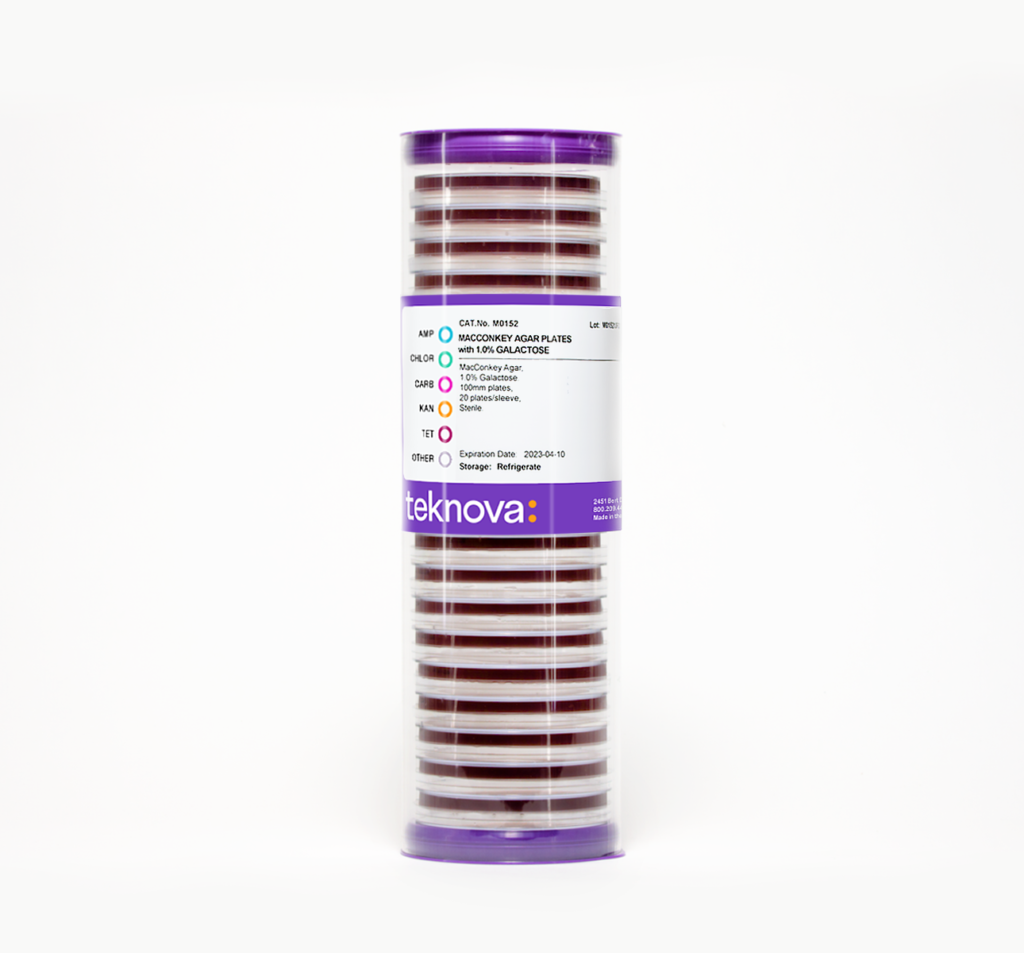 MacConkey Agar Plates with 1% Galactose. 100mm, 20 Plates per Sleeve, Sterile.