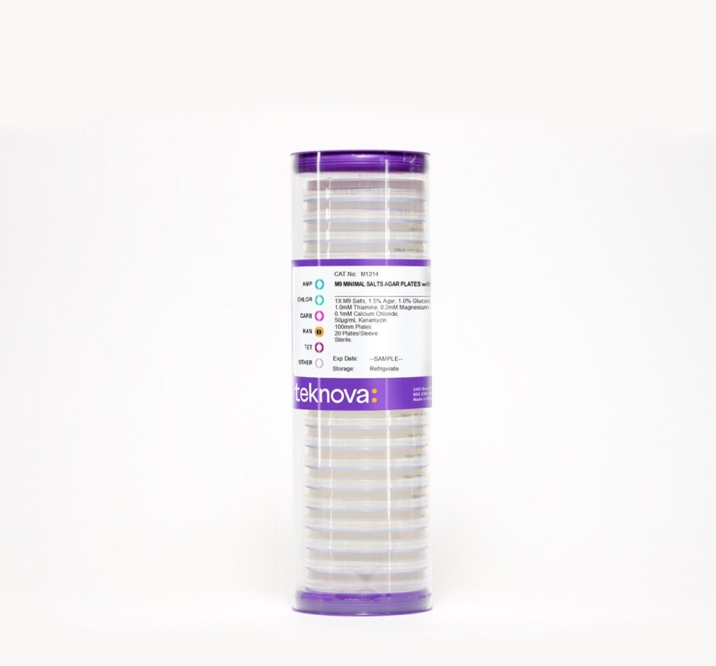 M9 Minimal Salts Agar Plates with Kanamycin-50. 100mm, 20 Plates per Sleeve, Sterile.