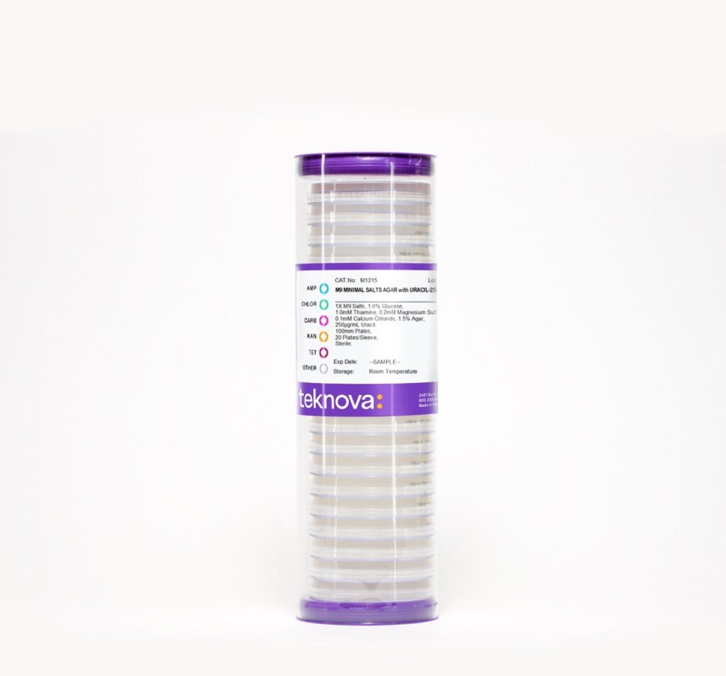 M9 Minimal Salts Agar Plates with Uracil-250. 100mm plates. 20 plates per sleeve.