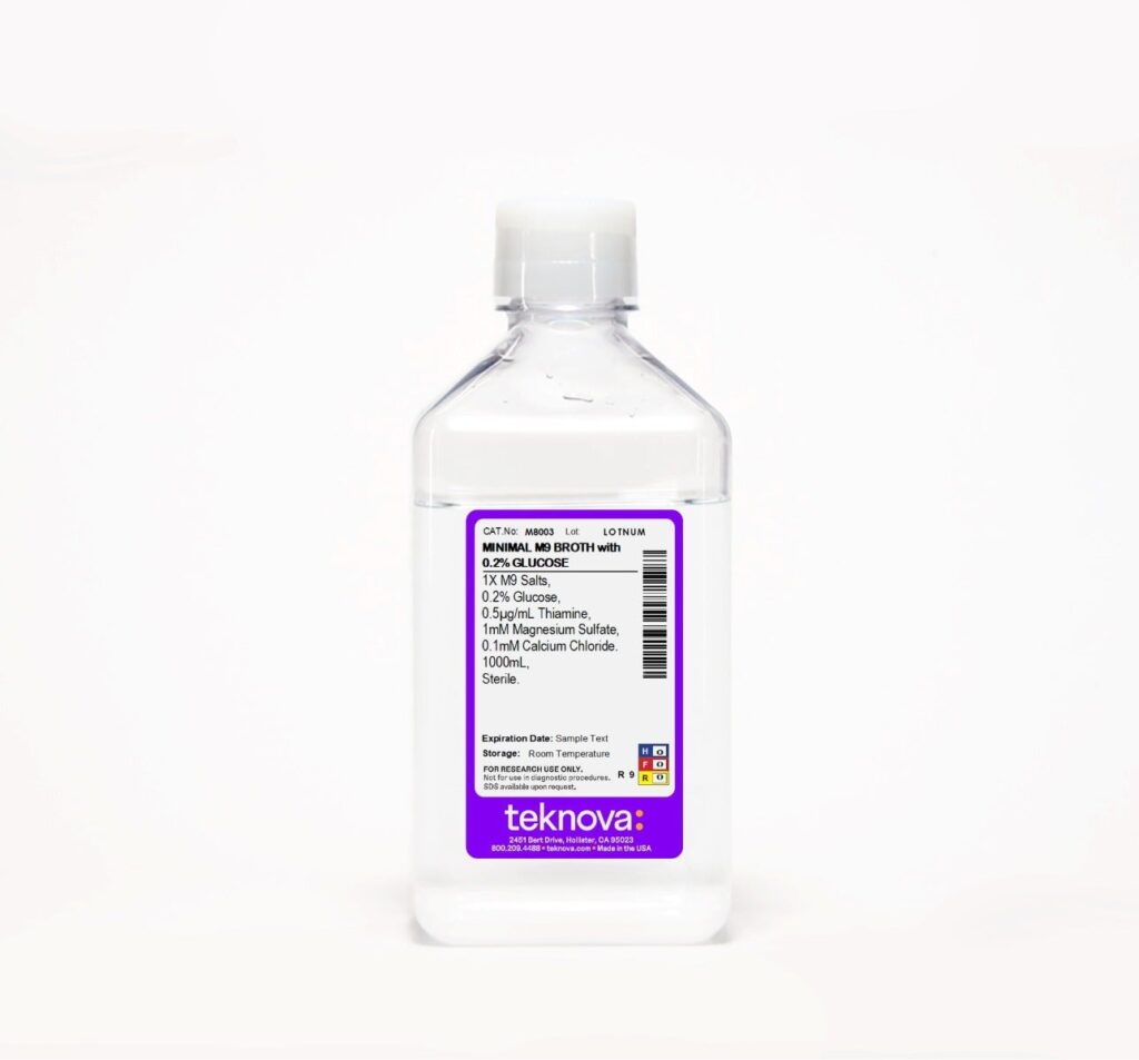 Minimal M9 Broth with 0.2% Glucose. 1000mL, Sterile.