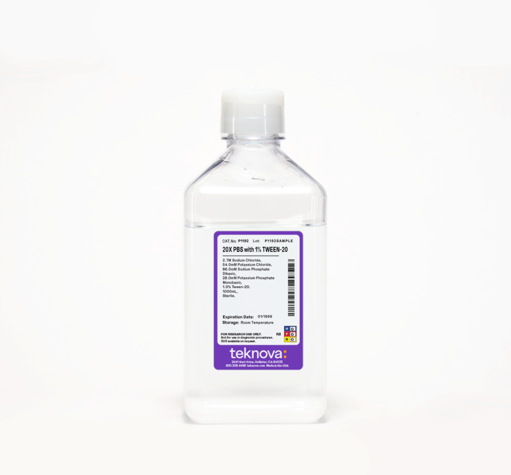 20X PBS with 1% Tween-20. 1000mL, Sterile.