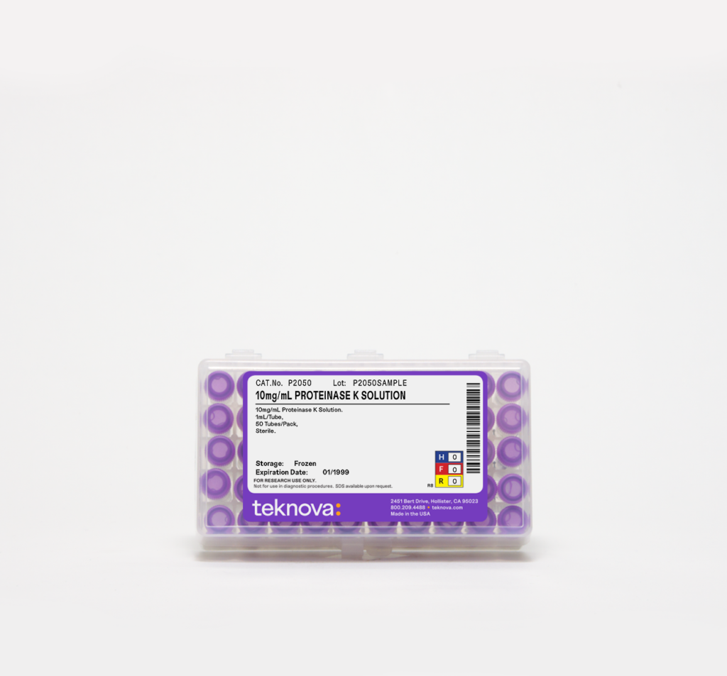 10mg/mL Proteinase K Solution. 1mL Tube, 50 Tubes per Rack, Sterile.