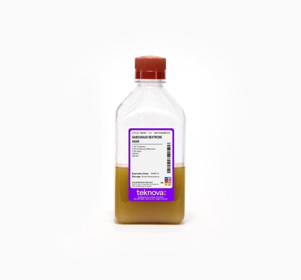 Sabouraud Dextrose Agar. 500mL, Sterile.