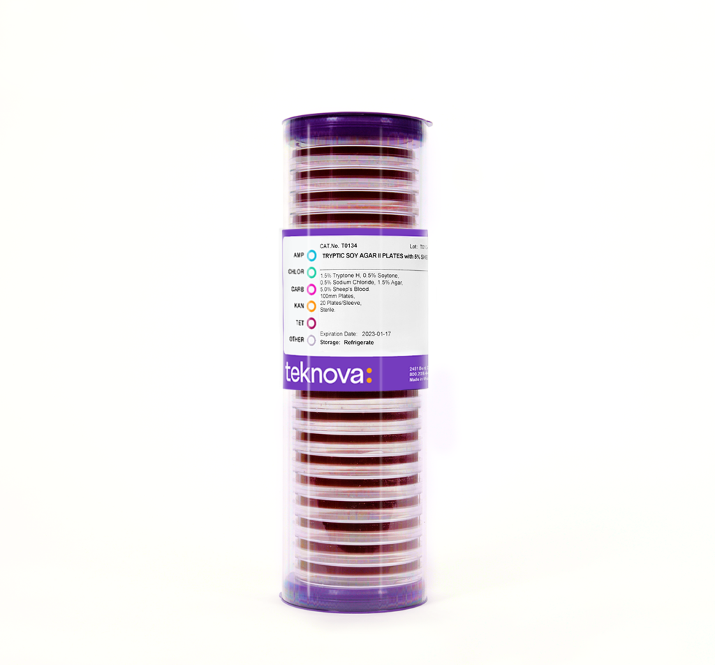 Tryptic Soy Agar II Plates with 5% Sheep’s Blood. 100mm, 20 Plates per Sleeve, Sterile.