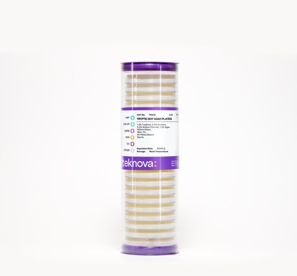 Tryptic Soy Agar Plates. 100mm Plates, 18mL Fill, 20 Plates per Sleeve, Sterile.